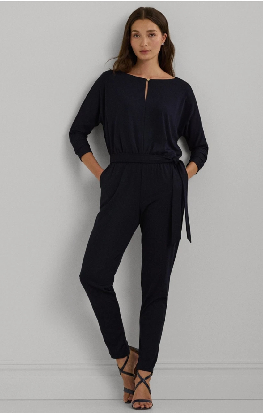 Lauren Ralph Lauren Women Belted Jersey Dolman Sleeve Jumpsuit Navy Size XL